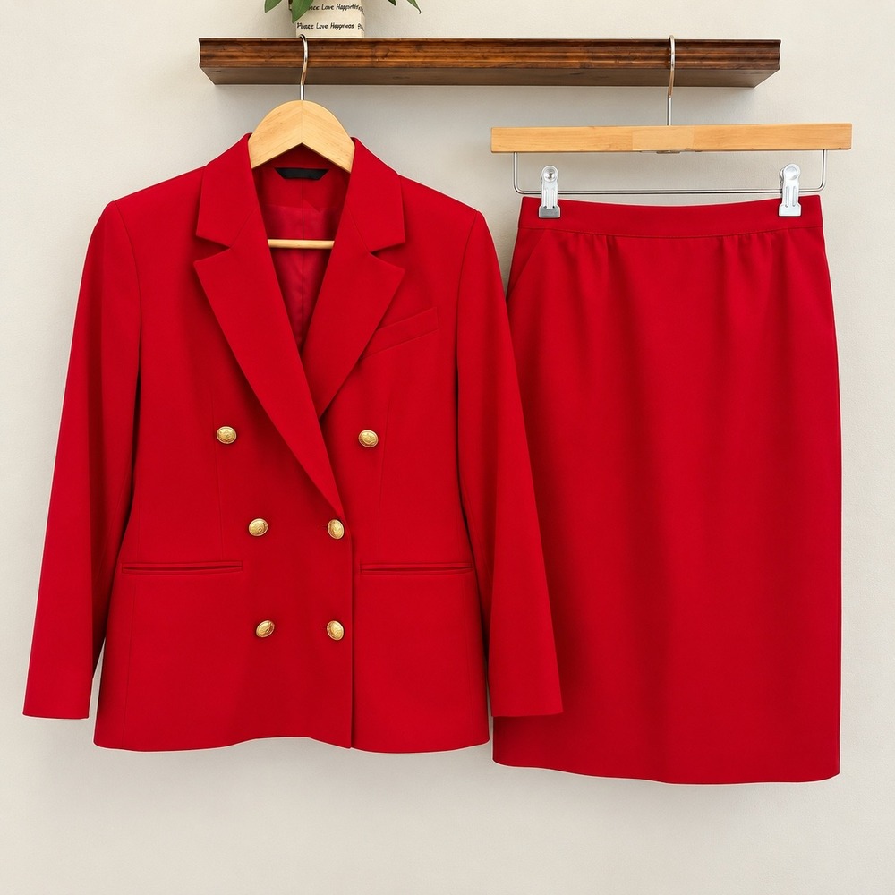 Hawksley & Wight VTG Petite Red Wool Skirt Suit Set Gold Crest Buttons Size 4P